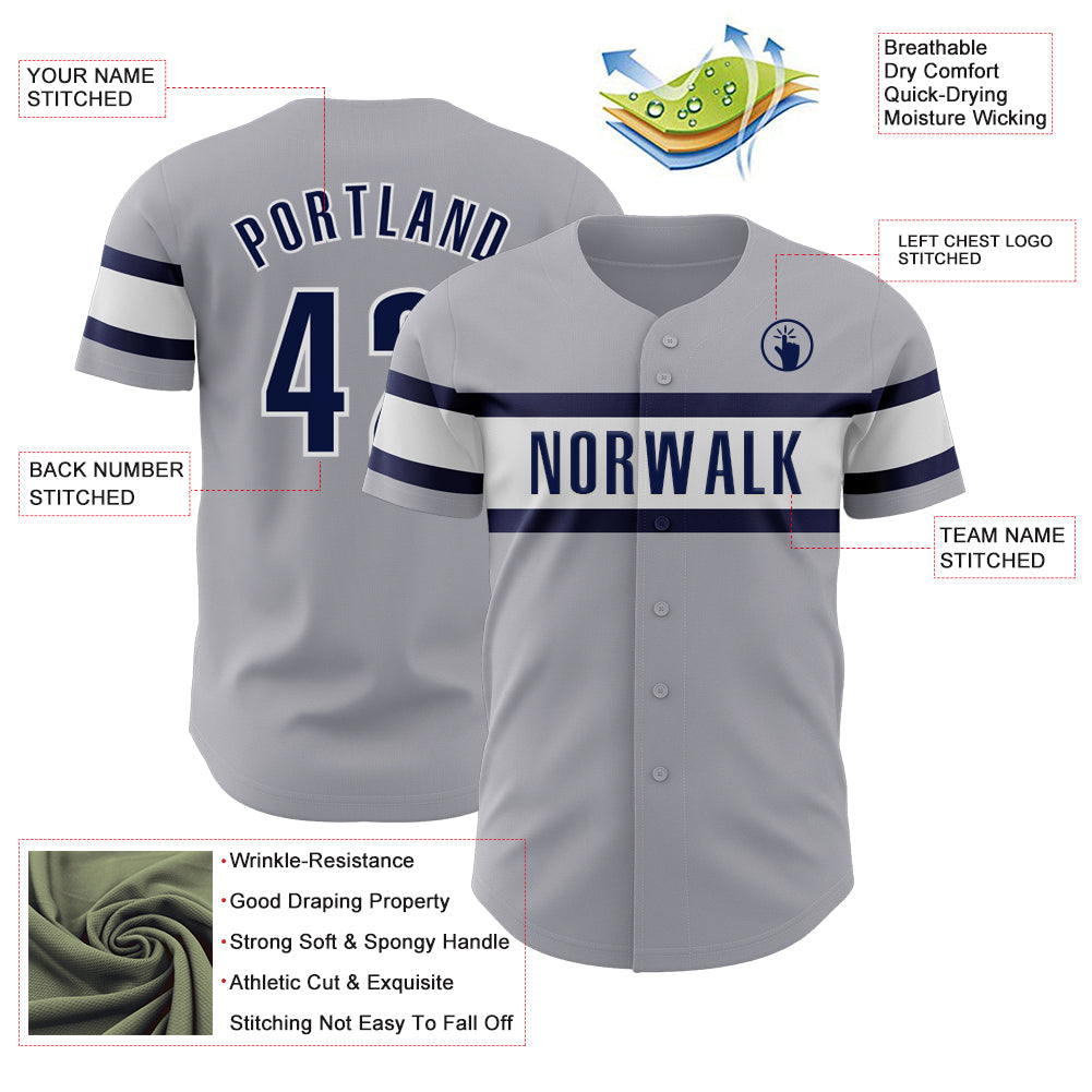 Custom Gray Navy-White Authentic Baseball Jersey view 3