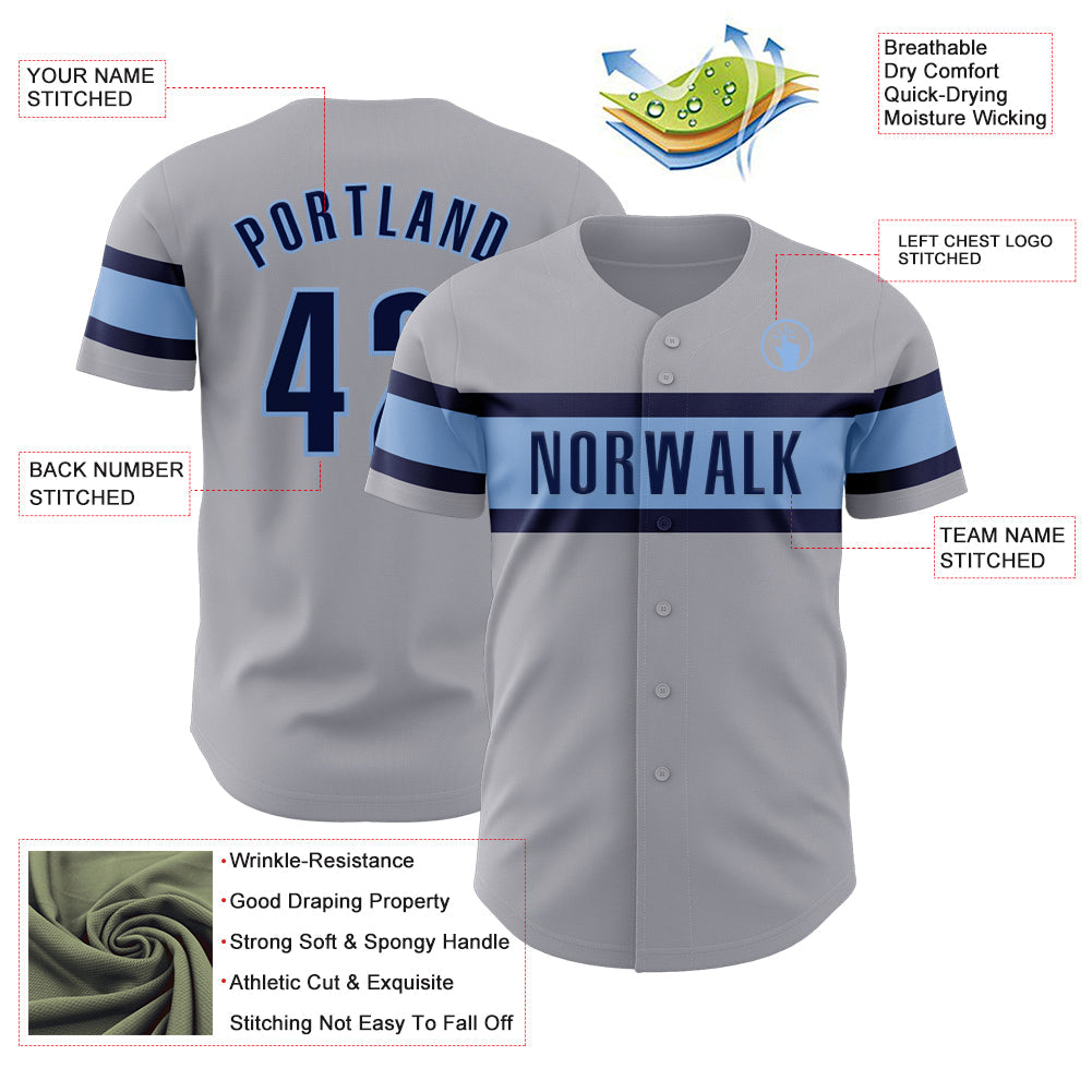 Custom Gray Navy-Light Blue Authentic Baseball Jersey view 3