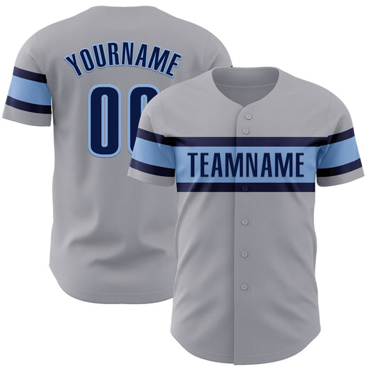 Custom Gray Navy-Light Blue Authentic Baseball Jersey - Main View