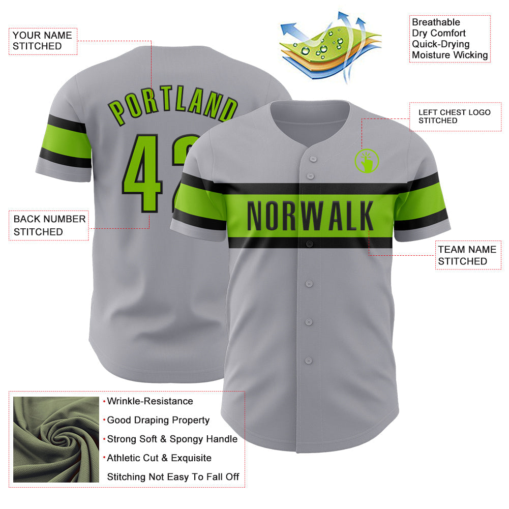 Custom Gray Neon Green-Black Authentic Baseball Jersey view 3