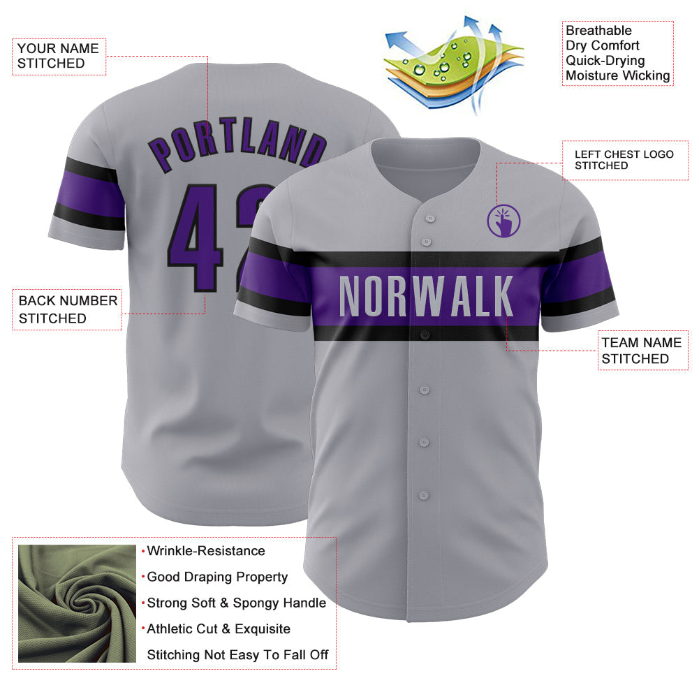 Custom Gray Purple-Black Authentic Baseball Jersey view 3