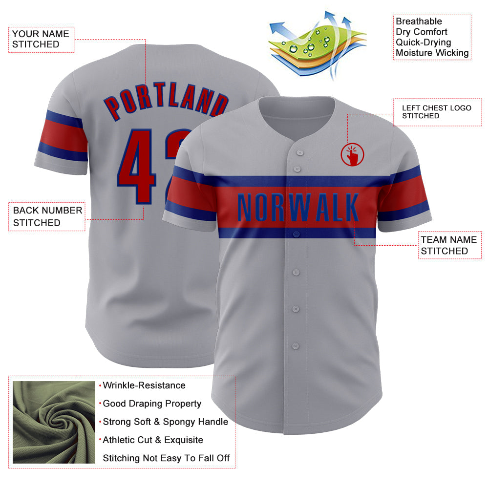 Custom Gray Red-Royal Authentic Baseball Jersey view 3