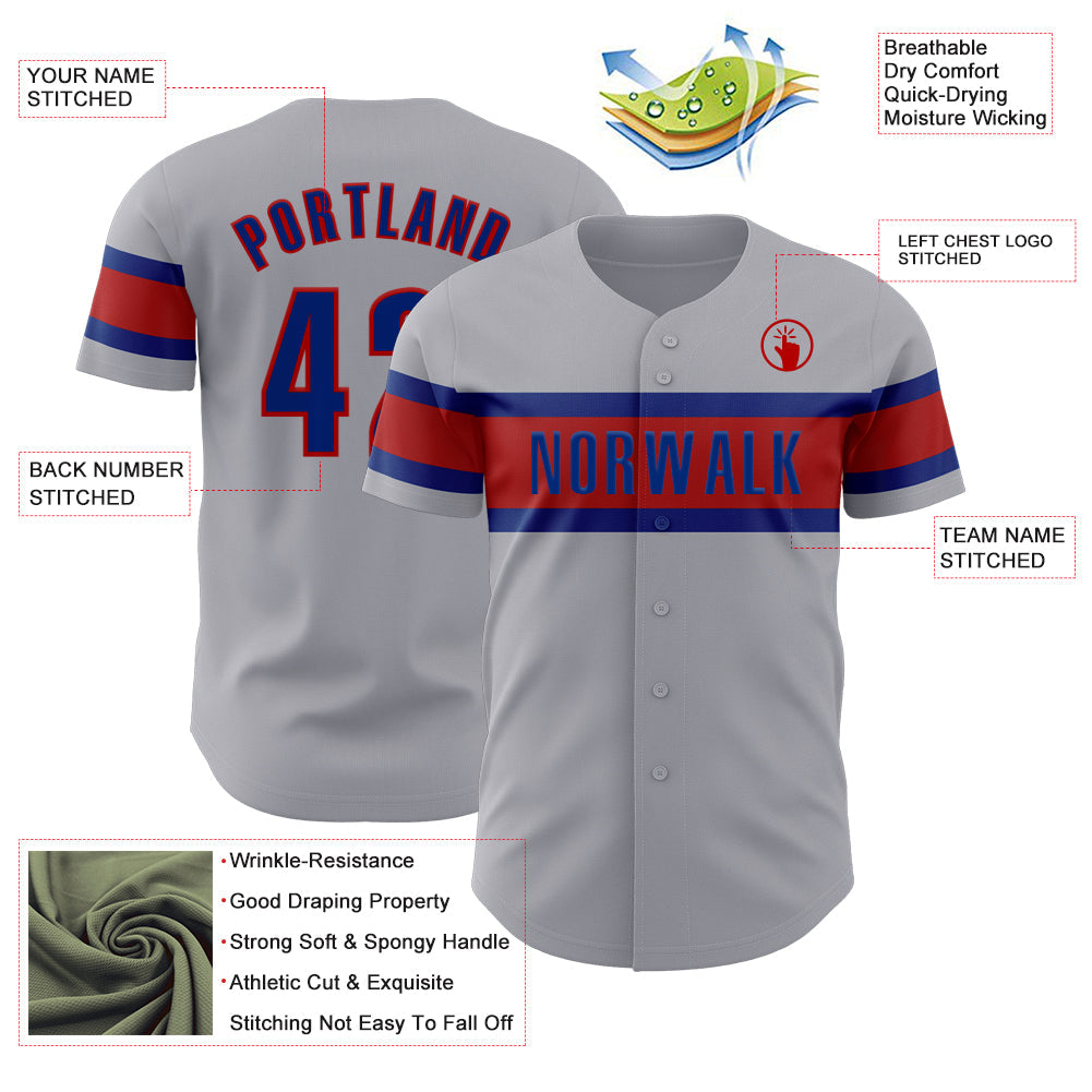 Custom Gray Royal-Red Authentic Baseball Jersey view 3