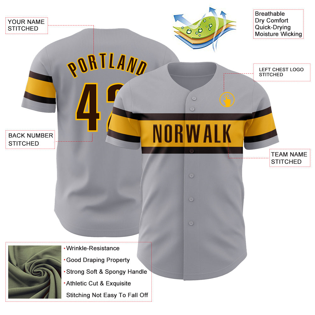 Custom Gray Brown-Gold Authentic Baseball Jersey view 3