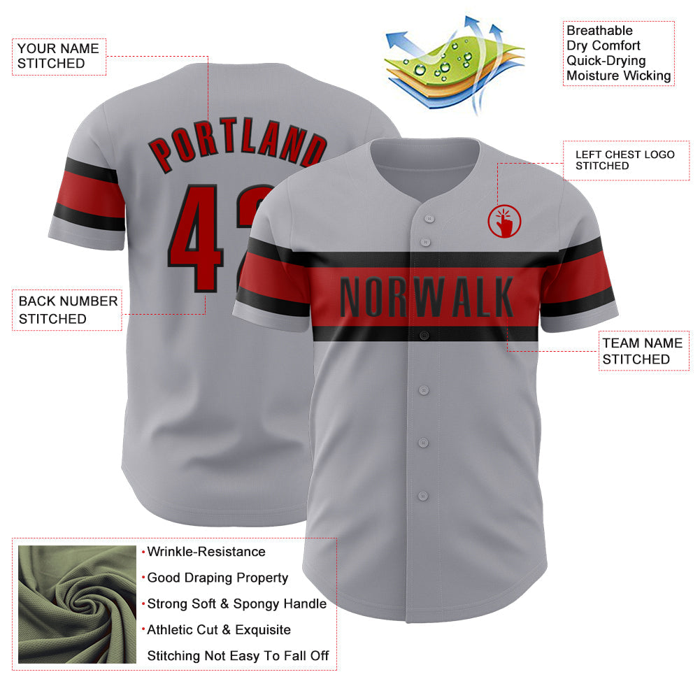 Custom Gray Red-Black Authentic Baseball Jersey view 3