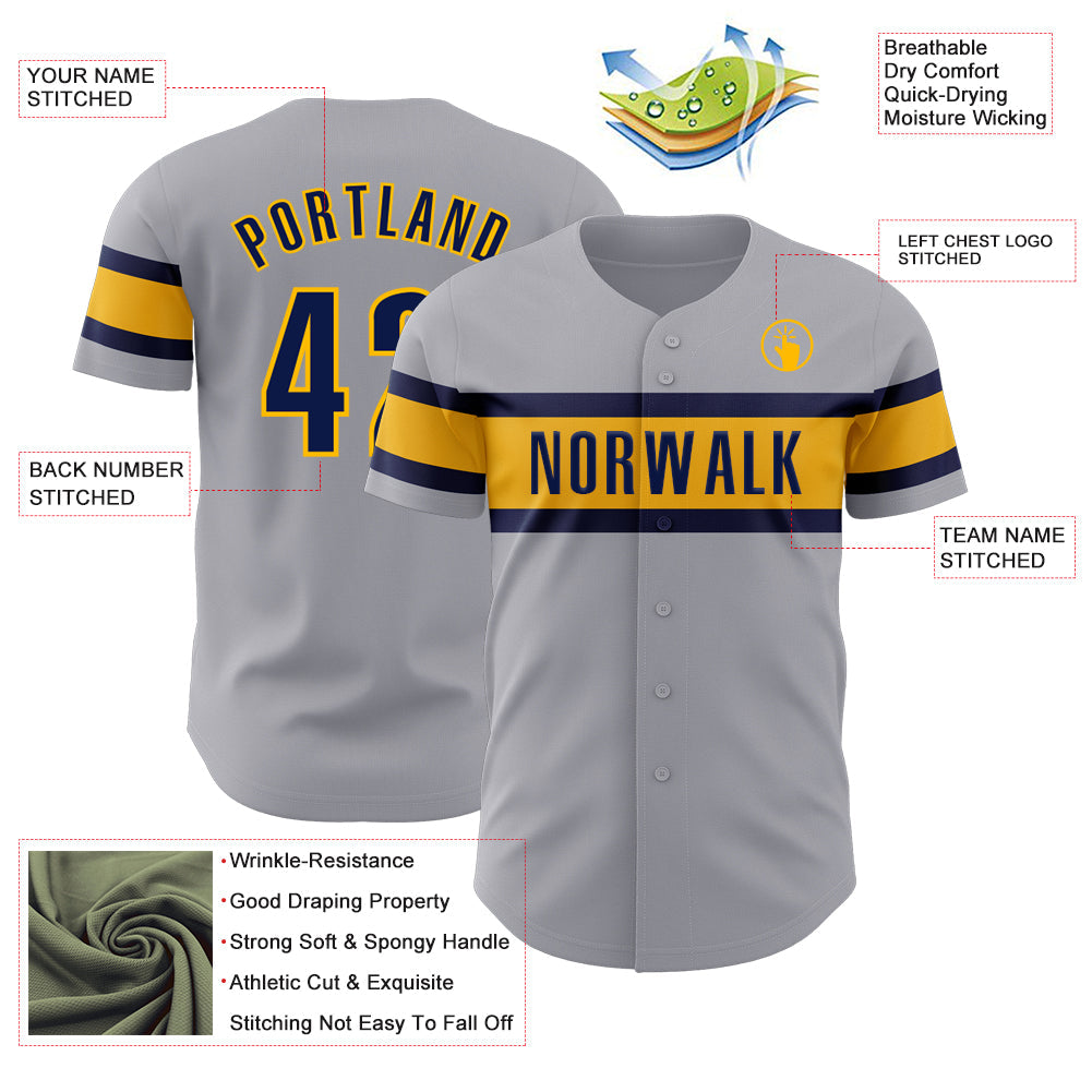 Custom Gray Navy-Gold Authentic Baseball Jersey view 3