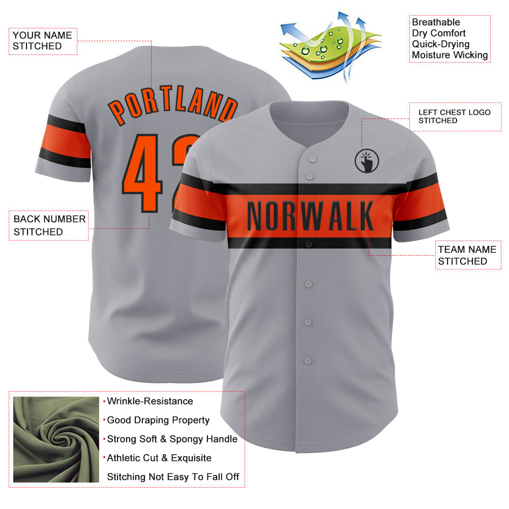 Custom Gray Orange-Black Authentic Baseball Jersey view 3