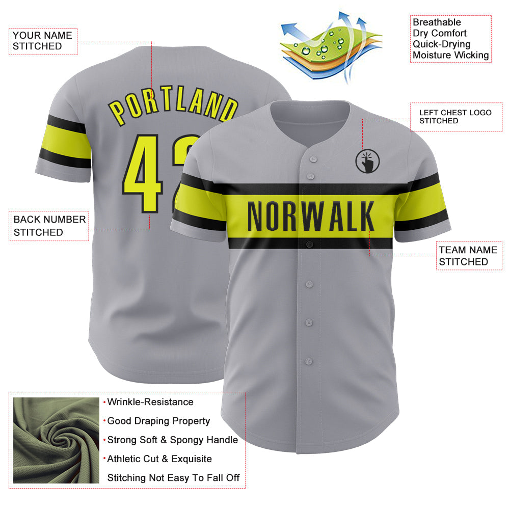 Custom Gray Neon Yellow-Black Authentic Baseball Jersey view 3