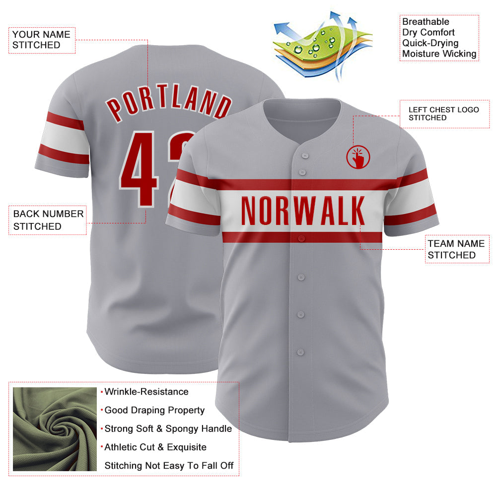 Custom Gray Red-White Authentic Baseball Jersey view 3