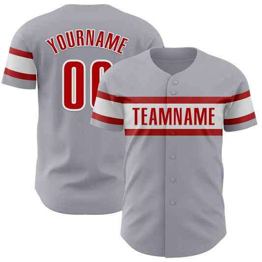 Custom Gray Red-White Authentic Baseball Jersey - Main View