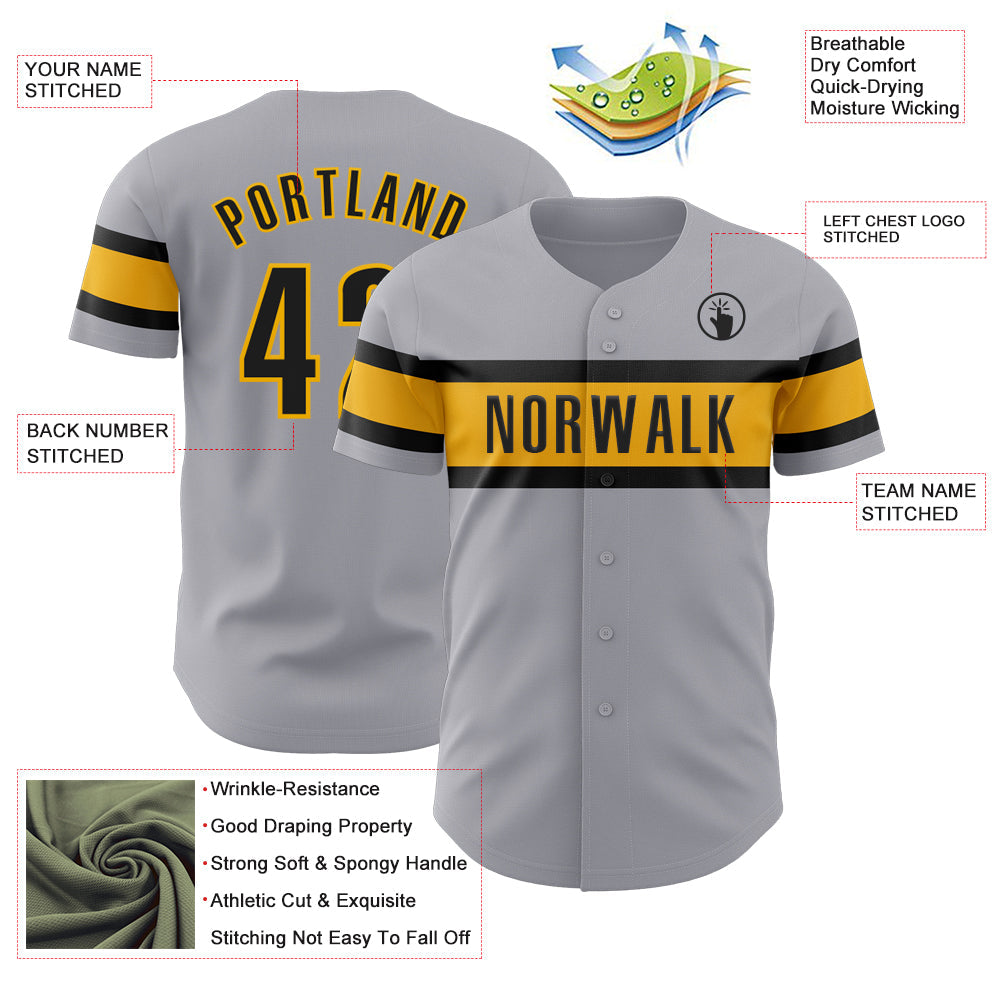 Custom Gray Black-Gold Authentic Baseball Jersey view 3