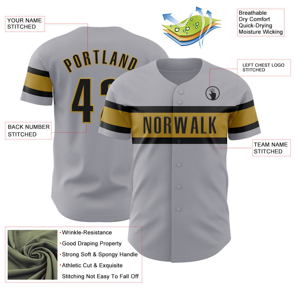 Custom Gray Black-Old Gold Authentic Baseball Jersey view 3