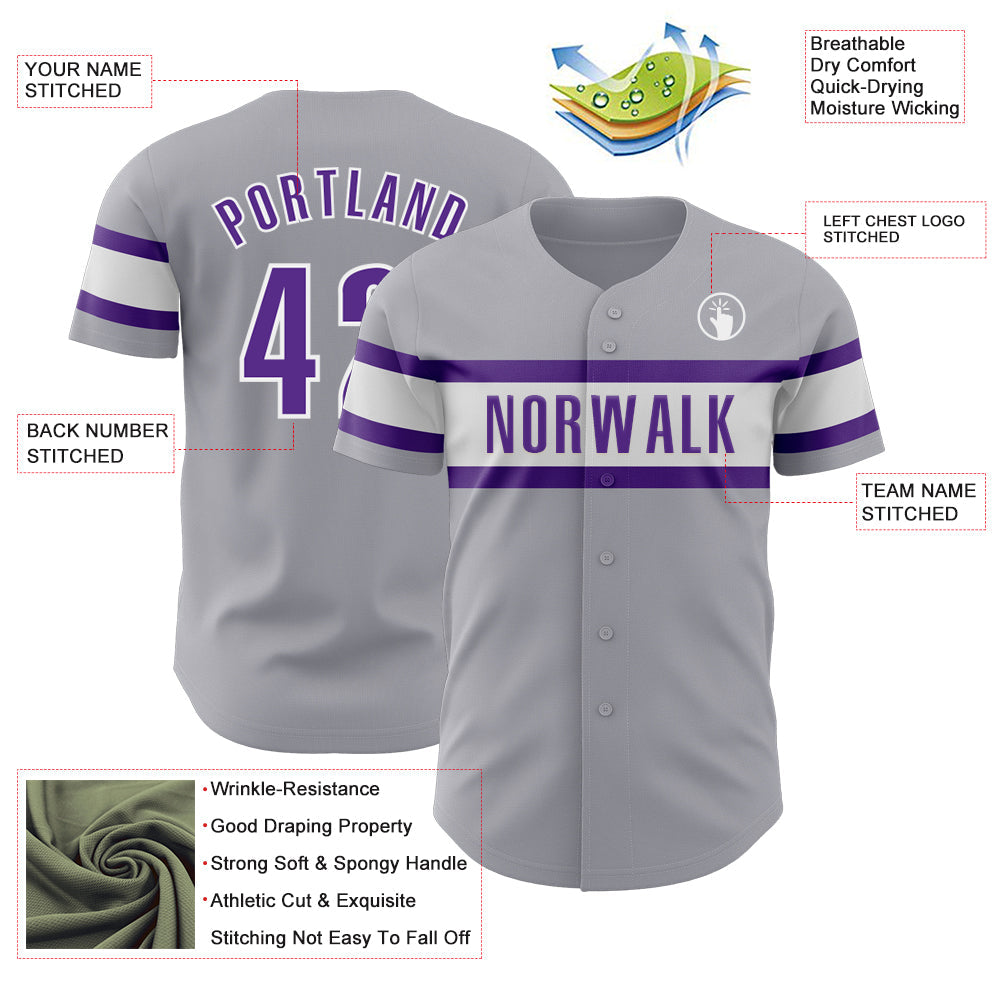 Custom Gray Purple-White Authentic Baseball Jersey view 3