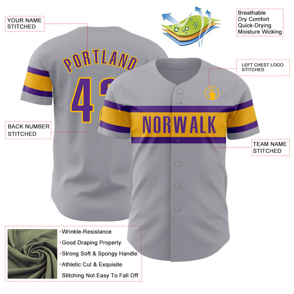 Custom Gray Purple-Gold Authentic Baseball Jersey view 3