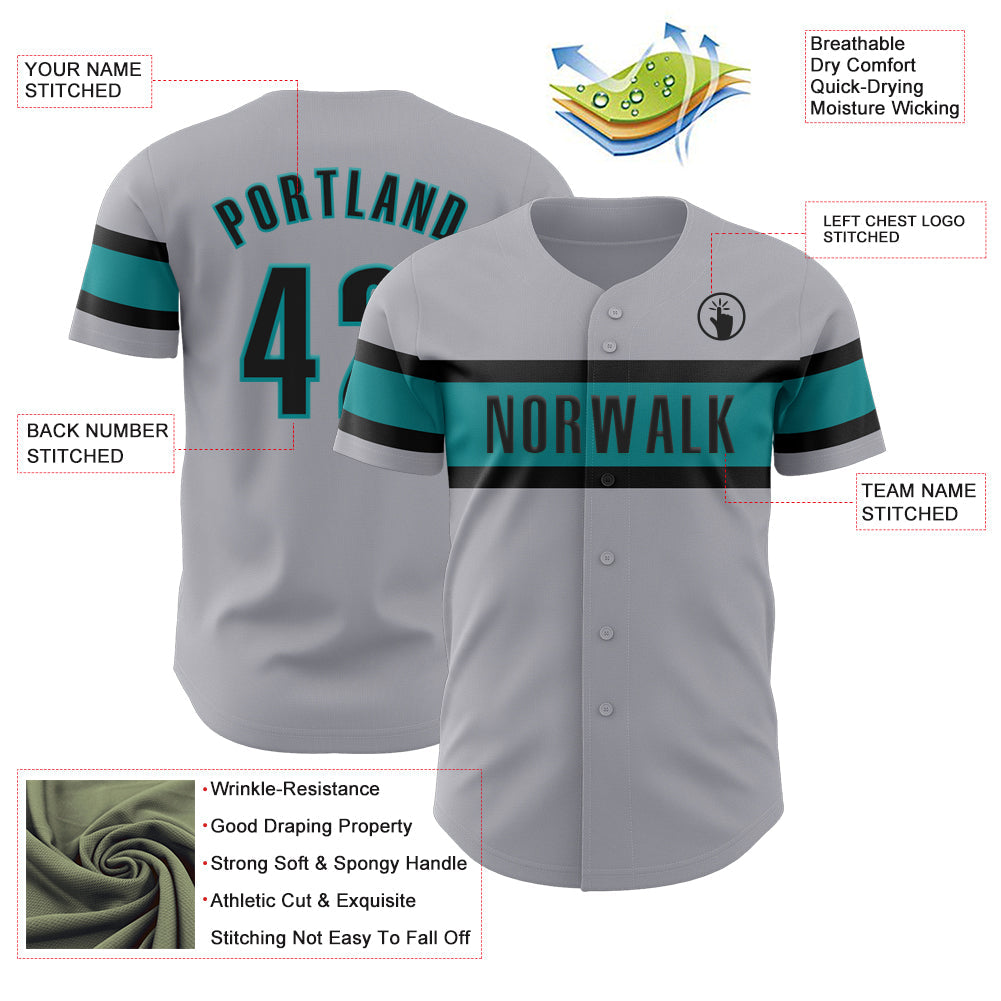 Custom Gray Black-Teal Authentic Baseball Jersey view 3