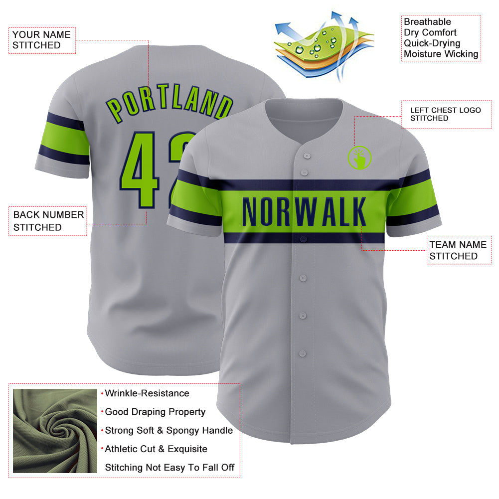 Custom Gray Neon Green-Navy Authentic Baseball Jersey view 3