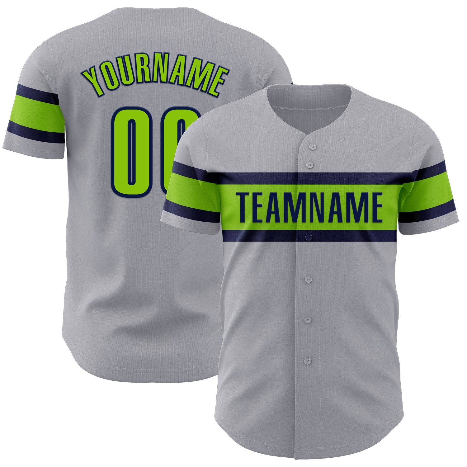 Custom Gray Neon Green-Navy Authentic Baseball Jersey - Main View