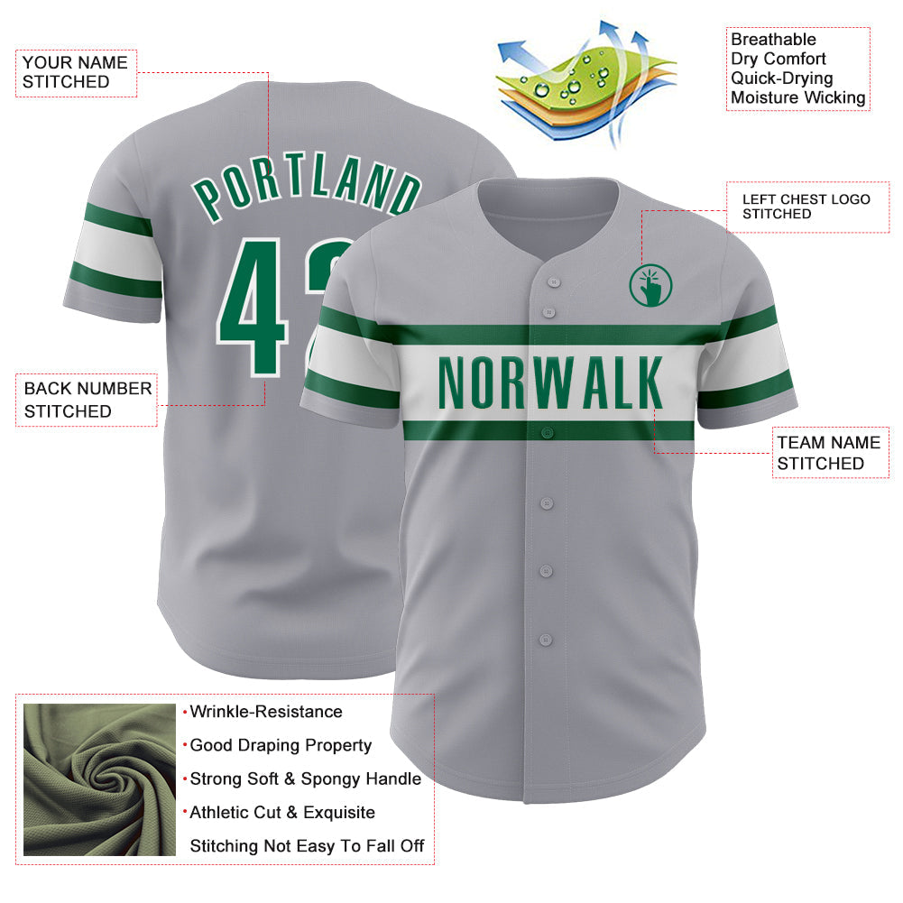 Custom Gray Kelly Green-White Authentic Baseball Jersey view 3