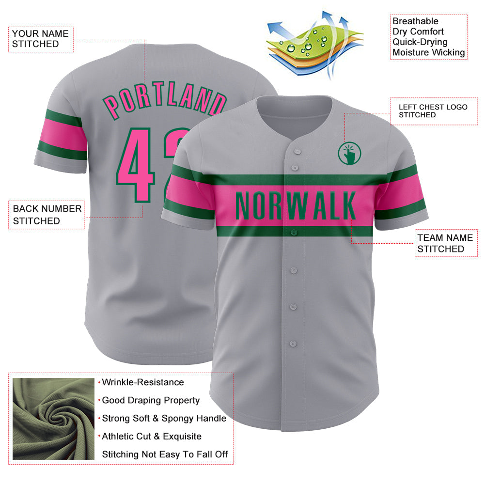 Custom Gray Pink-Kelly Green Authentic Baseball Jersey view 3