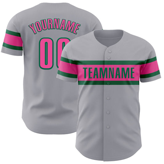 Custom Gray Pink-Kelly Green Authentic Baseball Jersey - Main View