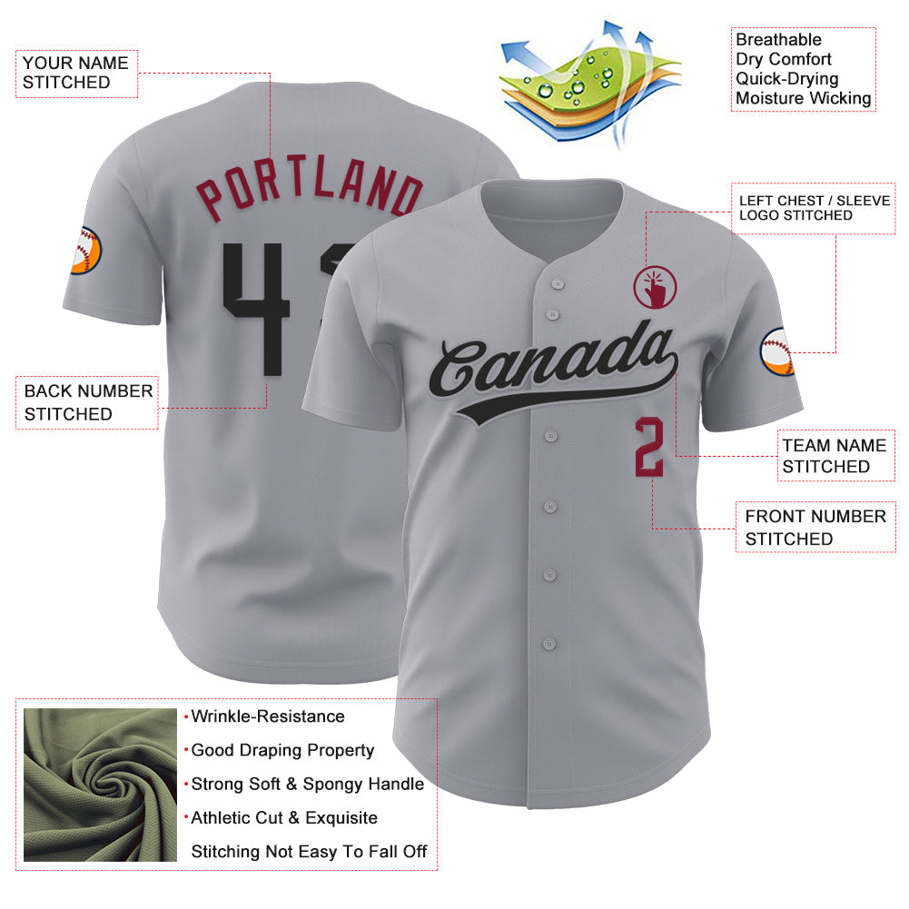 Custom Gray Black-Crimson Authentic Baseball Jersey view 3