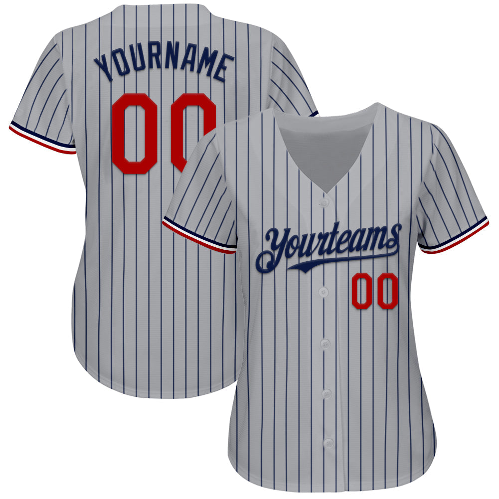 Custom Gray Navy Pinstripe Red-White Authentic Baseball Jersey view 3