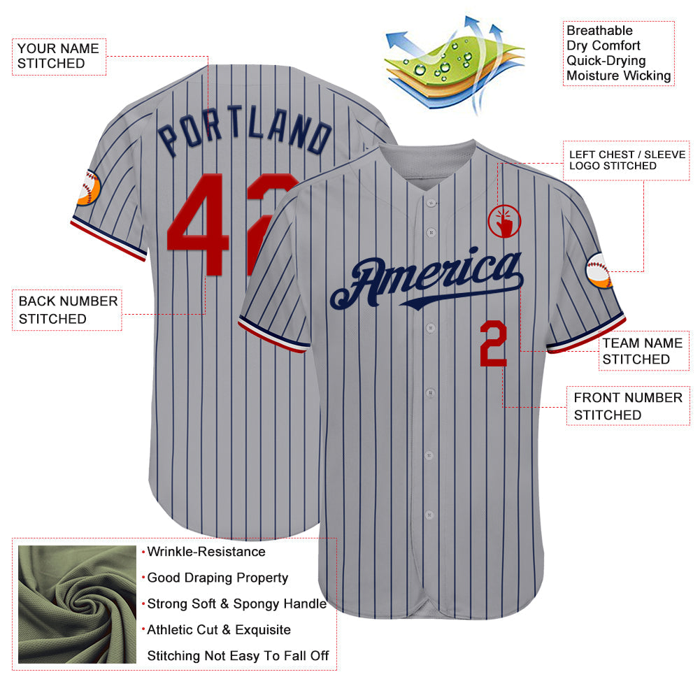 Custom Gray Navy Pinstripe Red-White Authentic Baseball Jersey view 4