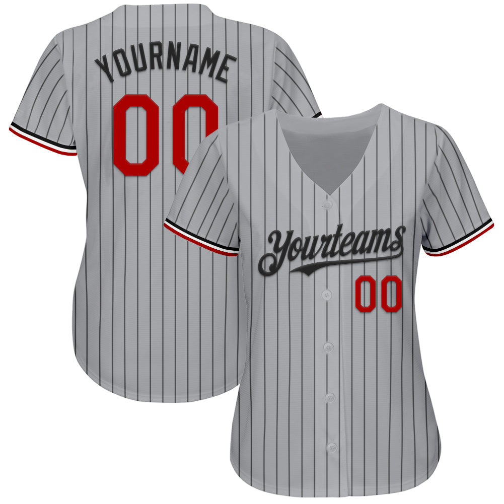 Custom Gray Black Pinstripe Red-White Authentic Baseball Jersey view 2