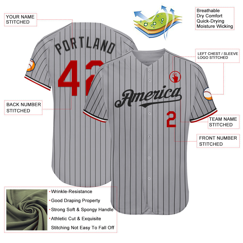 Custom Gray Black Pinstripe Red-White Authentic Baseball Jersey view 3