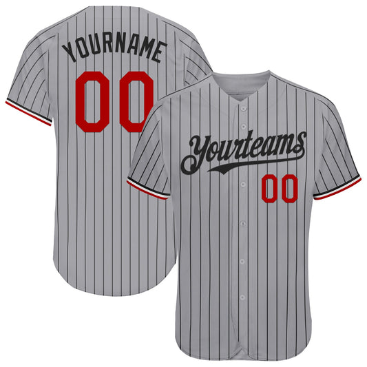 Custom Gray Black Pinstripe Red-White Authentic Baseball Jersey - Main View