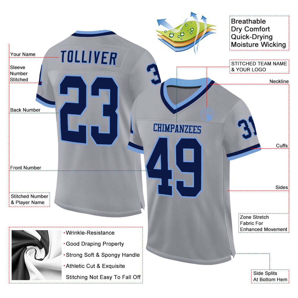 Custom Gray Navy-Light Blue Mesh Authentic Throwback Football Jersey view 2