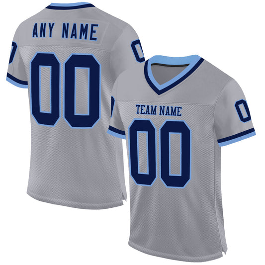 Custom Gray Navy-Light Blue Mesh Authentic Throwback Football Jersey - Main View