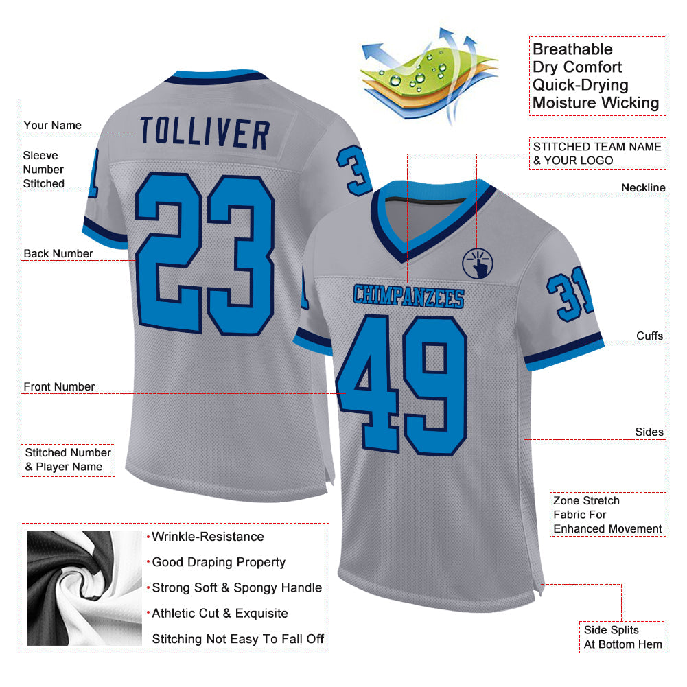 Custom Gray Blue-Navy Mesh Authentic Throwback Football Jersey view 2