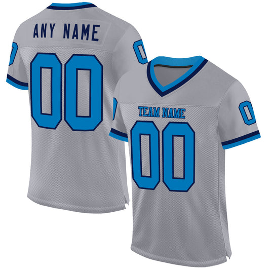 Custom Gray Blue-Navy Mesh Authentic Throwback Football Jersey - Main View