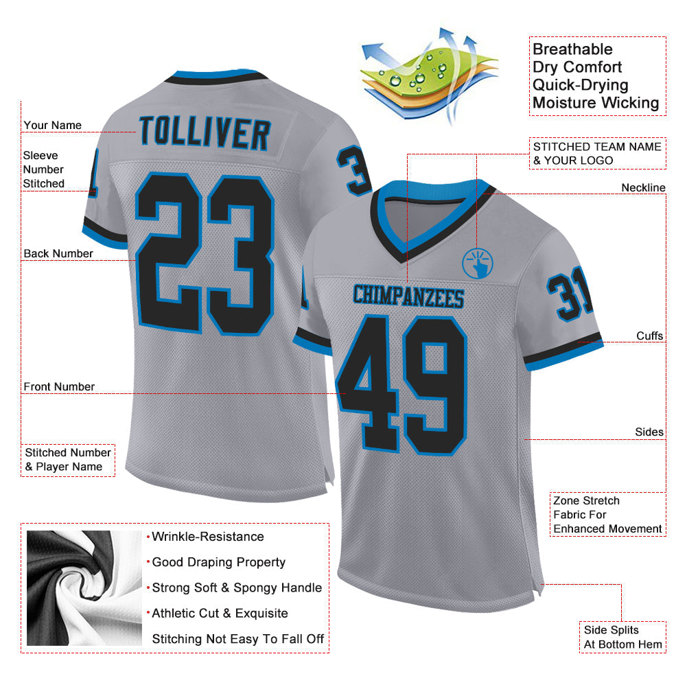 Custom Gray Black-Blue Mesh Authentic Throwback Football Jersey view 2