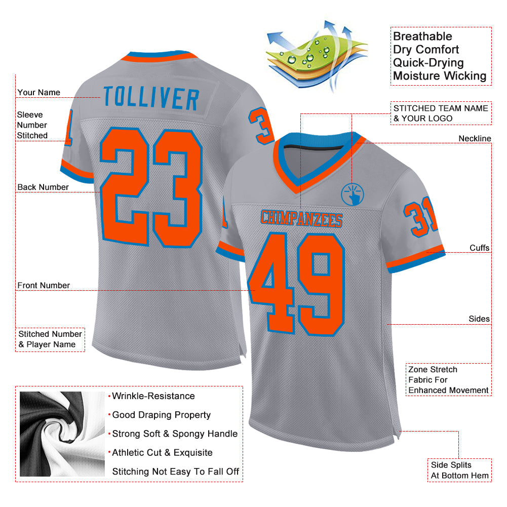 Custom Gray Orange-Blue Mesh Authentic Throwback Football Jersey view 2
