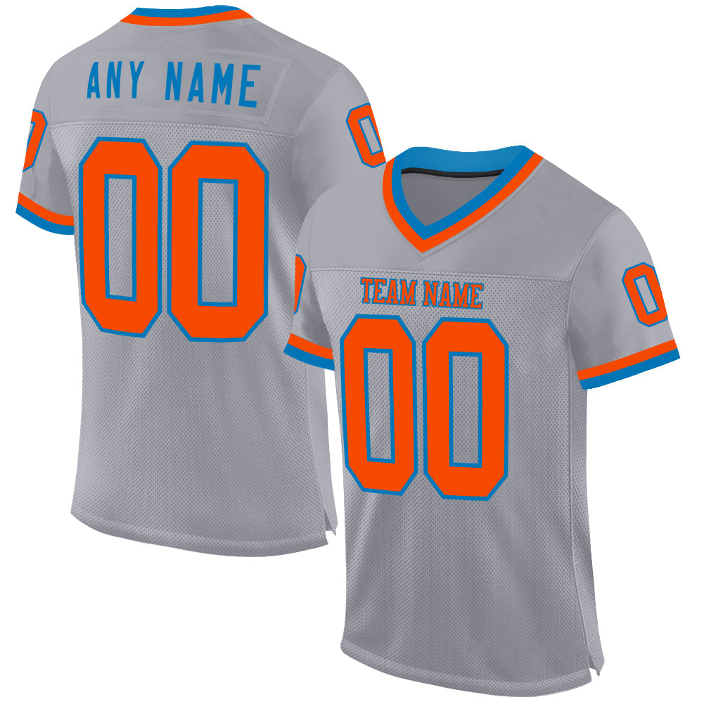 Custom Gray Orange-Blue Mesh Authentic Throwback Football Jersey - Main View