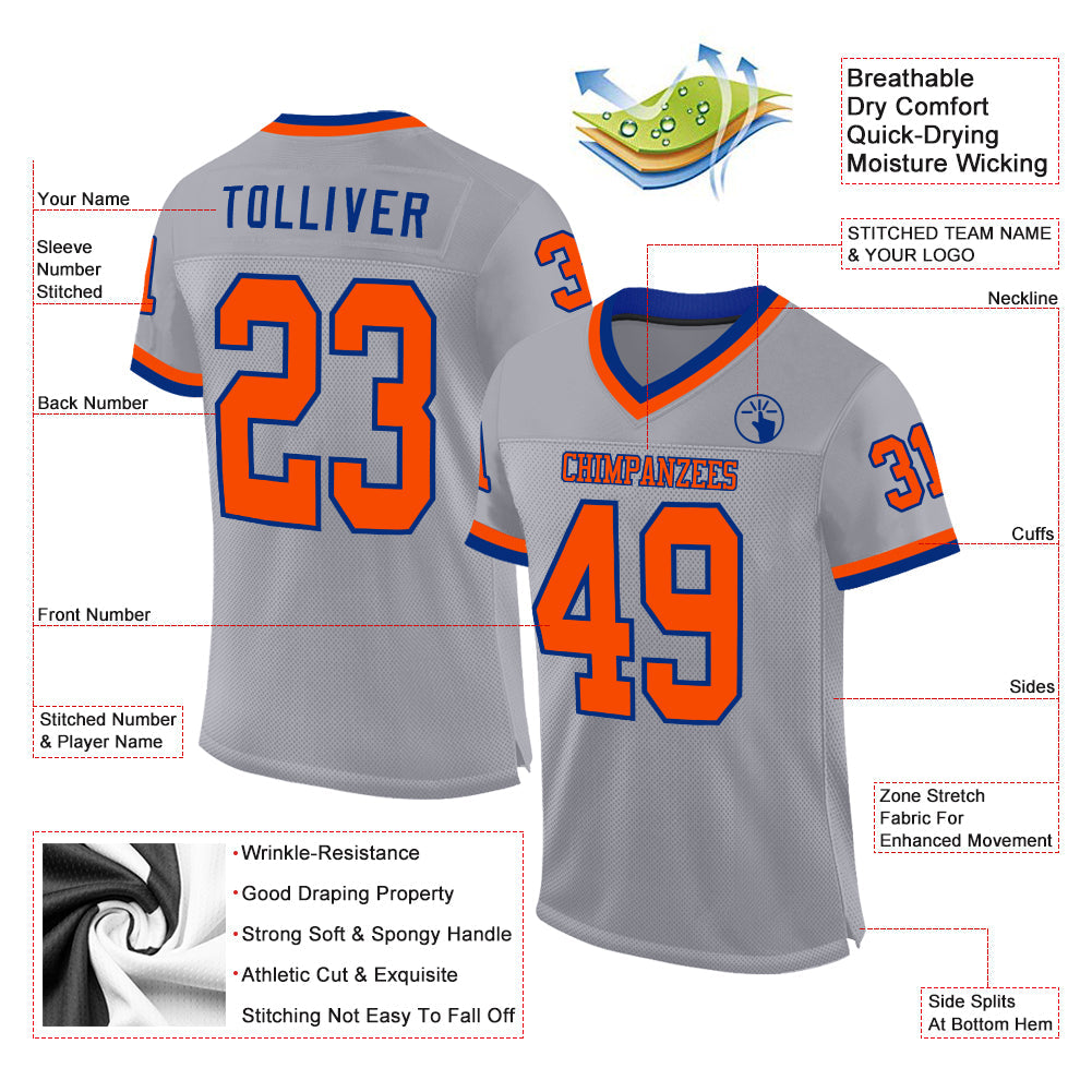 Custom Gray Orange-Royal Mesh Authentic Throwback Football Jersey view 2