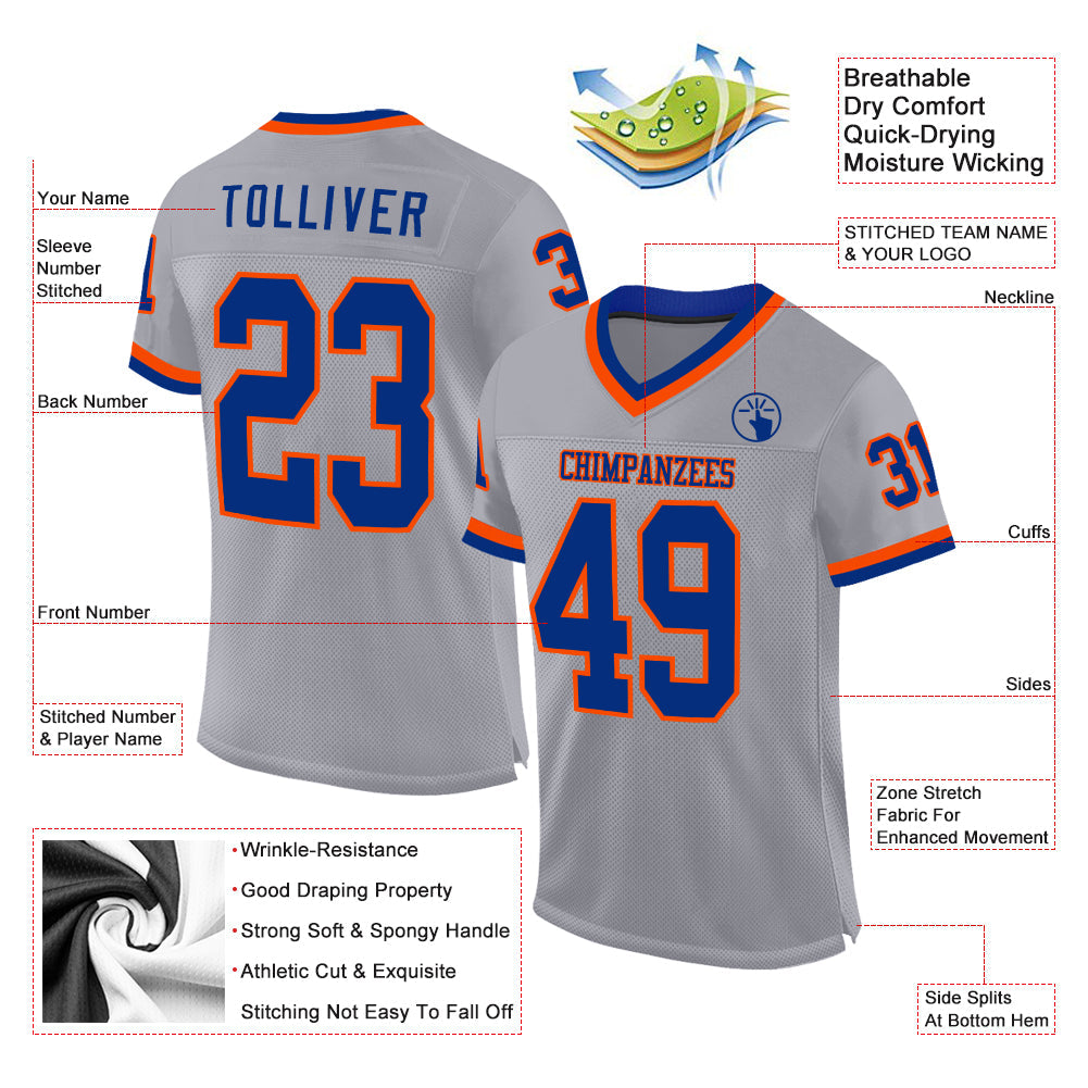 Custom Gray Royal-Orange Mesh Authentic Throwback Football Jersey view 2
