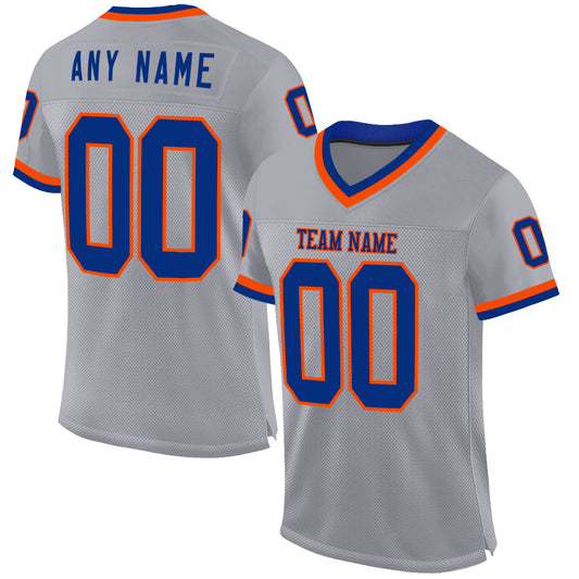 Custom Gray Royal-Orange Mesh Authentic Throwback Football Jersey - Main View