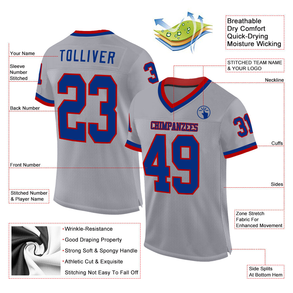 Custom Gray Royal-Red Mesh Authentic Throwback Football Jersey view 2