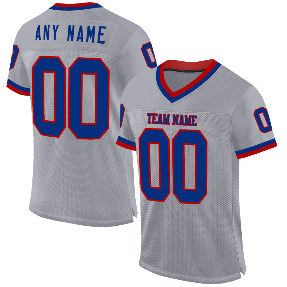 Custom Gray Royal-Red Mesh Authentic Throwback Football Jersey - Main View