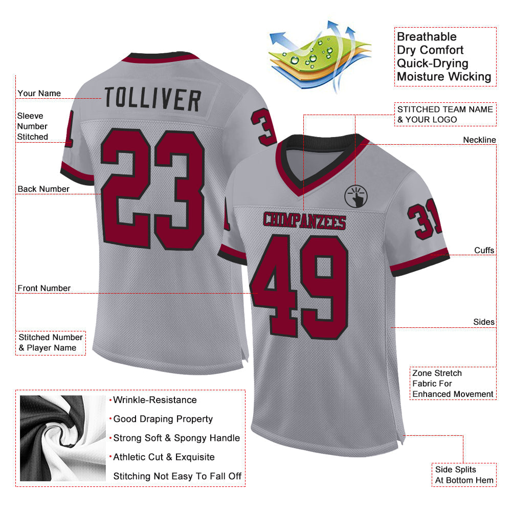 Custom Gray Maroon-Black Mesh Authentic Throwback Football Jersey view 2