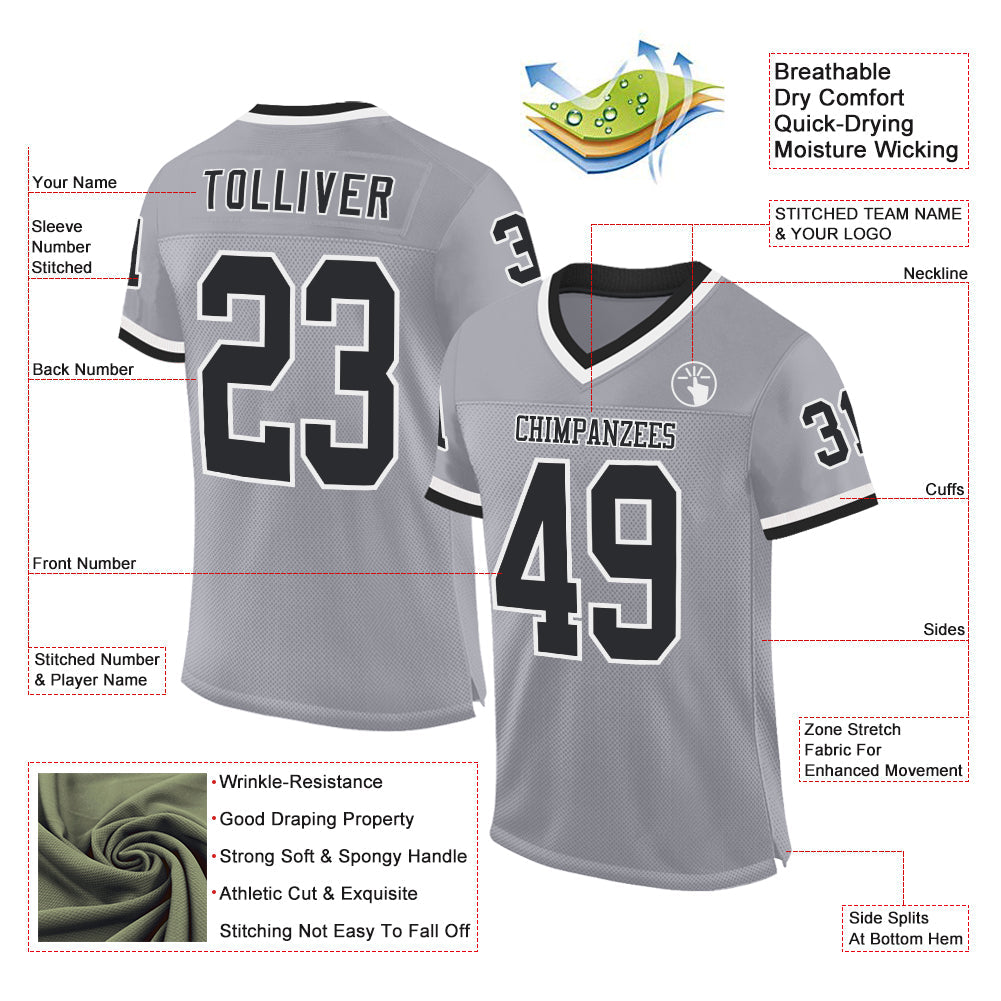 Custom Gray Black-White Mesh Authentic Throwback Football Jersey view 2