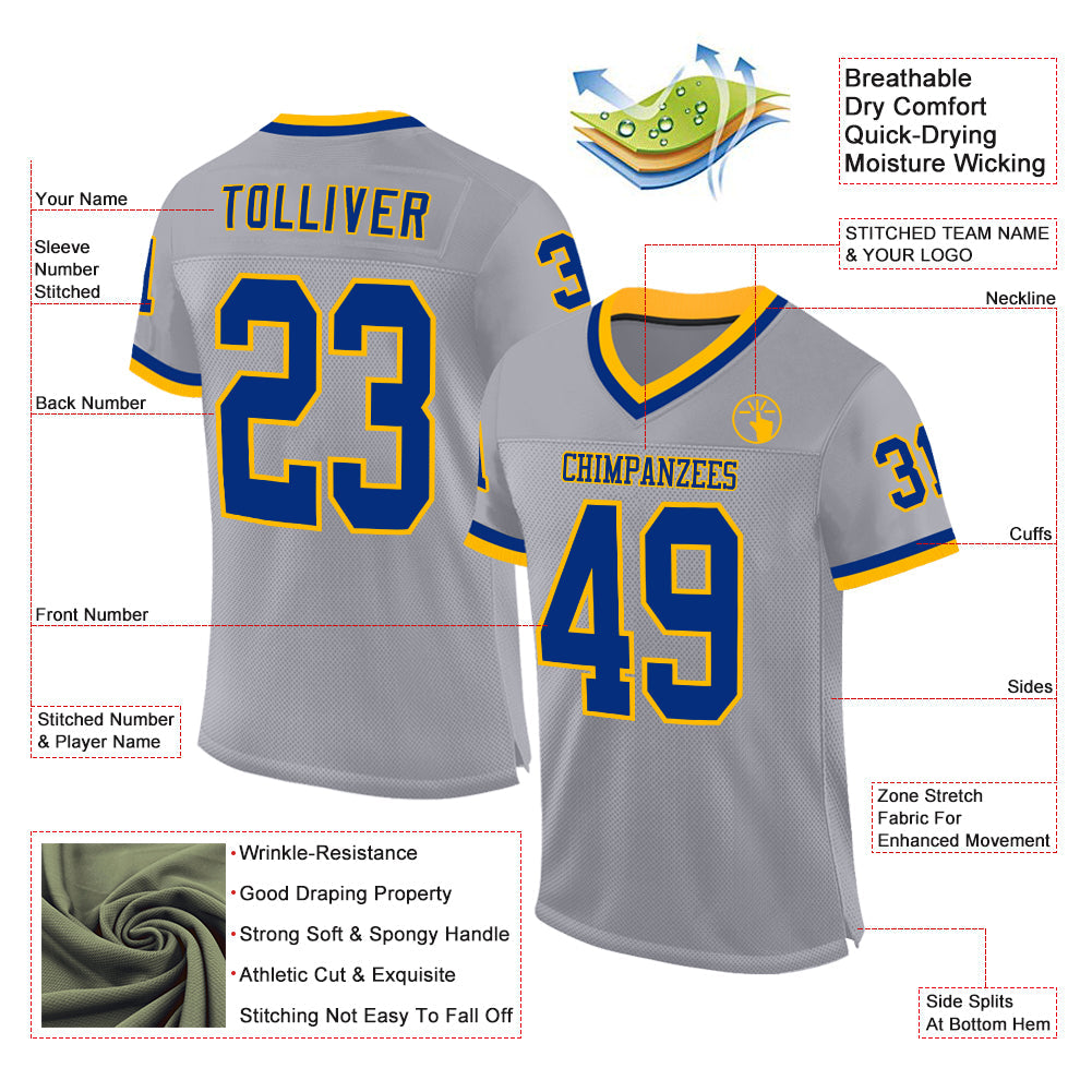 Custom Gray Royal-Gold Mesh Authentic Throwback Football Jersey view 2