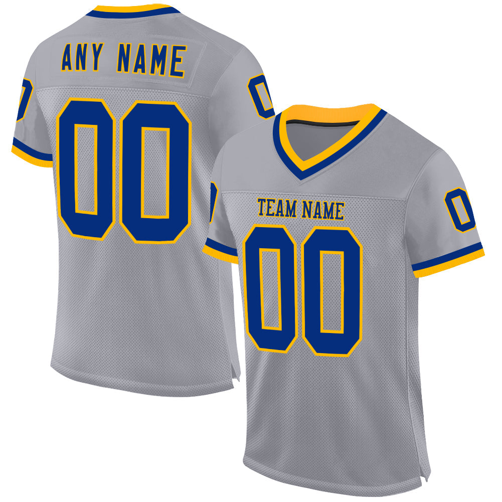Custom Gray Royal-Gold Mesh Authentic Throwback Football Jersey - Main View