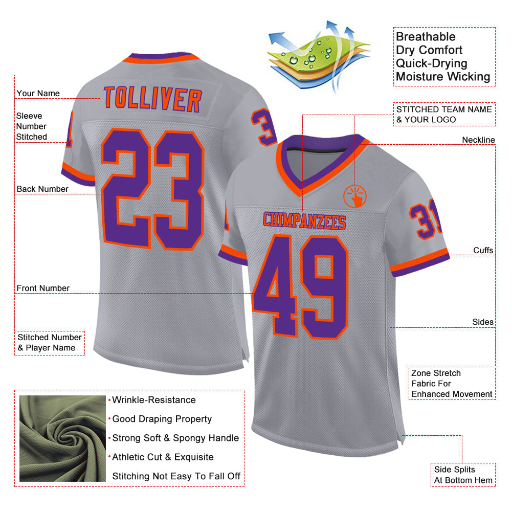 Custom Gray Purple-Orange Mesh Authentic Throwback Football Jersey view 2