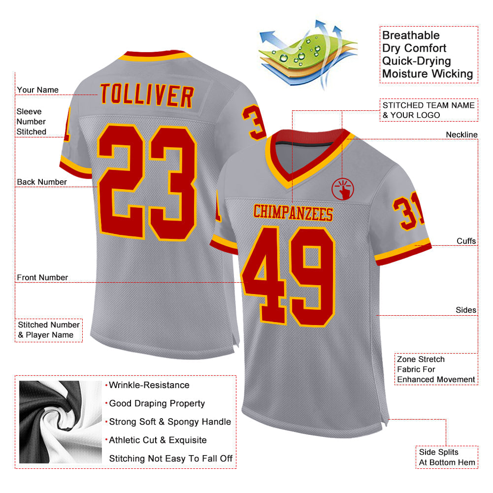 Custom Gray Red-Gold Mesh Authentic Throwback Football Jersey view 2