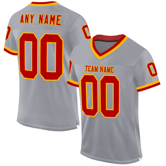 Custom Gray Red-Gold Mesh Authentic Throwback Football Jersey - Main View