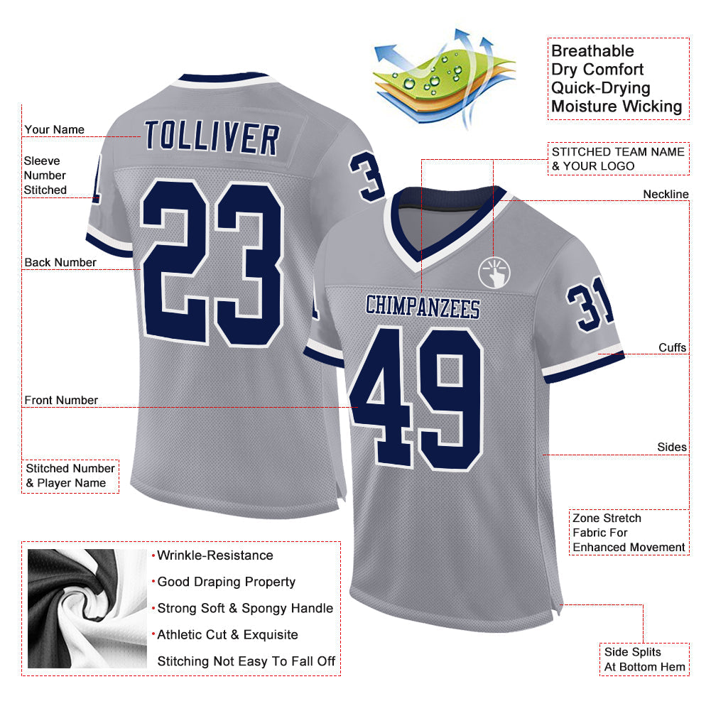 Custom Gray Navy-White Mesh Authentic Throwback Football Jersey view 2